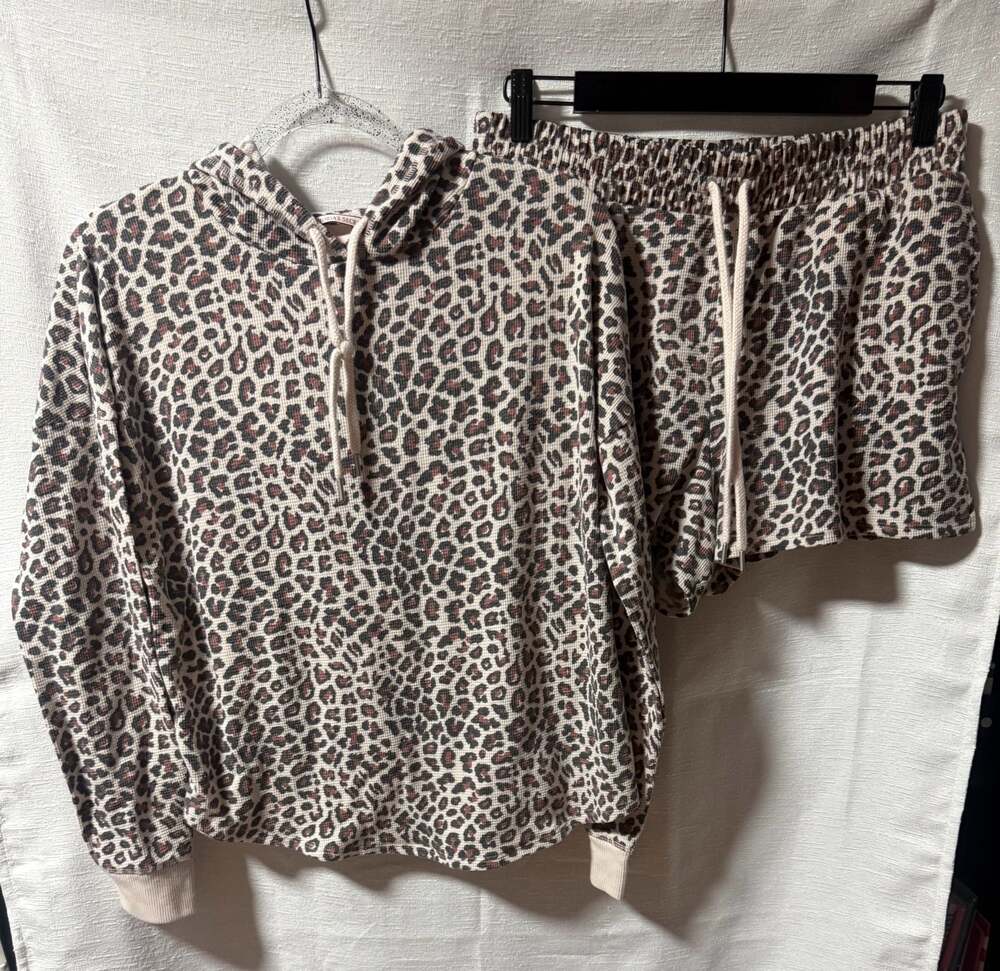 Victoria's Secret Women's Waffle Knit Leopard Print Hoodie and Shorts Loungewear